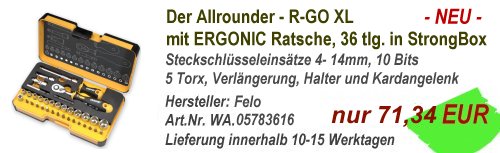 R-GO XL mit ERGONIC Ratsche,36 teilig. - Innovation 2012. Steckschl&uuml;ssel - Ratschen Satz 1/4  - Antrieb 36-tlg.in der Strongbox f&uuml;r den Profihandwerker! Inhalt: Ratsche mit extrem starker Umschaltmechanik mit Super-Feinverzahnung (100 Nm, 72 Z&auml;hne, 5&deg;R&uuml;ckholwinkel) und patentiertem ERGONIC Griff (EP 1963072)   Der erste Griff, der sich der Hand anpasst!Sicherheitsverriegelung (mit Druckknopfausl&ouml;sung)   Griff unl&ouml;sbar mit dem Schmiedeteil verbunden, StrongBox 230 mm x 130 mm x 56 mm, Steckschl&uuml;ssel:( je 1 x ) ERGONIC Ratsche 1/4, ERGONIC Stubby 1/4 13 x ) Steckschl&uuml;sseleins&auml;tze 4mm / 4,5mm / 5mm/ 5,5mm/ 6mm/ 7mm/8mm/ 9mm / 10mm/ 11mm/ 12mm/ 13mm/ 14mm (15 x ) Bits (C6,3 x 25mm),4,5 x 0,6 / 5,5 x 1,0,4mm/ 5mm/ 6mm, PH1/ PH2/ PH3/PZ1/ PZ2, Torx 10 / Torx 15/ Torx 20/ Torx 25/ Torx 30, ( je 1 x ) Verl&auml;ngerung (100mm) 1/4 - 1/4, Verl&auml;ngerung (50mm) 1/4 - 1/4 , Kardangelenk 1/4, Bithalter E6,3 x 58mm, Adapter E 6,3 - 1/4 (50mm), Adapter 1/4 SQ - 1/4 Hex