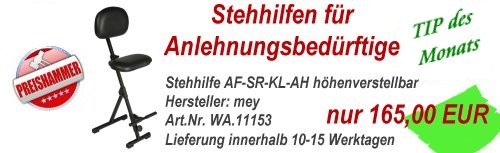 Stehhilfe AF-SR-KL-AH - h&ouml;henverstellbar,Farbe schwarz,Die ergonomischen Stehhilfen von MeyCHAIR entlasten die Gelenke und beugen R&uuml;ckenerkrankungen und Erm&uuml;dungserscheinungen vor. Gerade Arbeitnehmer &bdquo;stehender&ldquo; Berufe haben mit einer hohen Ausfallquote zu k&auml;mpfen. Langwierige R&uuml;ckenleiden, Schmerzen in Muskeln und Gelenken sowie schnelles Erm&uuml;den sind an der Tagesordnung. Entlasten Sie Ihre Muskeln mit den ergonomischen Stehhilfen von MeyCHAIR! Beschreibung: Sitz und R&uuml;cken mit Kunstlederbezug, Sitz aus Polyurethanschaum, h&ouml;henverstellbar mittels Handrad,Verstellbereich von 540 - 900 mm, mit Aufstiegshilfe(AH), stabiler Fu&szlig; aus Rundrohr mit Bodengleitern,Stehhilfe platzsparend zusammenklappbar. Verf&uuml;gbarkeit: Lieferung innerhalb 10-15 Werktagen nur 165,00 EUR