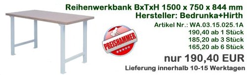 Angebot 5 Praktisch, grundsolide und ergonomisch, das zeichnet unsere Werkb&auml;nke von bedrunka + hirth aus.Durch den modularen Aufbau des Systems, der bekanntlich den hohen Qualit&auml;tsanspr&uuml;chen von bedrunka+hirth eigen ist, passen sich unsere Werkb&auml;nkel jeder vorhandener Werkstattausstattung an. Durch die einheitliche Planung mit einheitlichen Systemma&szlig;en, ist ein gr&ouml;&szlig;tm&ouml;glicher Spielraum f&uuml;r gestaltung gew&auml;hrleistet. Durch das standardisierte RAL Farbkonzept, ergeben sich alle M&ouml;glichkeiten f&uuml;r die Gestaltung oder Umstrukturierung Ihrer Lager- und Betriebseinrichtungen. Sie f&uuml;gen sich unauff&auml;llig in das Konzept Ihrer bestehenden Ausstattung ein. Mit diesem System das auf den Unterbau von Schubladenschr&auml;nken und Werkbankf&uuml;&szlig;en beruht, greift bedrunka+hirth auf altbew&auml;hrte Basiskonstruktionen zur&uuml;ck, das durch die langj&auml;hrige Erfahrung des Herstellers gewachsen ist.