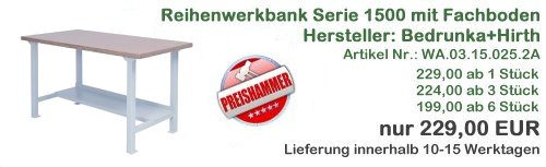 Weihnachtsangebot 2 Praktisch, grundsolide, und ergonomisch, das zeichnet diese Reihenwerkb&auml;nke aus. Durch den modularen Aufbau des Systems, der bekanntlich den hohen Qualit&auml;tsanspr&uuml;chen von bedrunka+hirth eigen ist, passen sich auch diese Modelle jeder vorhandener Werkstattausstattung an. Durch das klare Design mit einheitlichen Systemma&szlig;en, werden keine Probleme mit schon bestehenden Komponenten auftreten. Durch das standardisierte RAL Farbkonzept, ergeben sich gro&szlig;e Spielr&auml;ume f&uuml;r die Gestaltung oder Umstrukturierung Ihrer Lager- und Betriebseinrichtungen. Sie f&uuml;gen sich unauff&auml;llig in das Konzept Ihrer bestehenden Ausstattung ein.