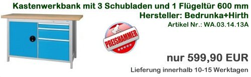 Weihnachtsangebot 3 Kastenwerkbank mit 3 Schubladen versch. BLH und 1 Fl&uuml;gelt&uuml;r 600 mm. Serie 1500/500K Geh&auml;use links: 1 Fl&uuml;gelt&uuml;r 600 mm hoch Geh&auml;use rechts: 3 Schublade mit 1x BLH 300 mm, 1 x BLH 200 mm, 1 x BLH 100 mm Auswahlm&ouml;glichkeit des Schubladenauszuges: Schublade mit Einfachauszug 88% bis 100 kg belastbar Schublade mit Vollauszug 100% bis 200 kg belastbar Zylinderschloss integrierte Griffleisten b&uuml;ndig mit Geh&auml;use Gesamth&ouml;he 859 mm Arbeitsplatte Buche Multiplex 1500 x 750 x 40 mm Nutzma&szlig; innen: 450x600 mm Nivelierf&uuml;&szlig;e zum Ausgleich von Bodenunebenheiten Gesamttragf&auml;higkeit 1200 kg 