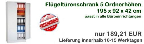 Weihnachtsangebot 4 Fl&uuml;gelt&uuml;renschrank 5 Ordnerh&ouml;hen 195 x 92 x 42 cm als Weihnachtsangebot. Ausf&uuml;hrung als stabiler Stahkorpus.180 Grad &ouml;ffnende T&uuml;ren. Vorrichtung f&uuml;r Wandbefestigung. Hochwertige glatte Lackierung.2000 verschiedene Verschlie&szlig;m&ouml;glichkeiten (Hauptschl&uuml;ssel)bei Bedarf Inneneinrichtung erweiterbar Kunststoffpuffer an der T&uuml;rinnenseite Lateral H&auml;ngevorrichtung