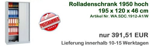 Weihnachtsangebot 5 Rolladenschrank 1950 hoch inkl. 4 Fachb&ouml;den 195 x 120 x 46 cm als Weihnachtsangebot. Ausf&uuml;hrung als stabiler Stahkorpus. Leichtg&auml;ngige ger&auml;uscharme Rolladen Vorrichtung f&uuml;r Wandbefestigung. Hochwertige glatte Lackierung. 2000 verschiedene Verschlie&szlig;m&ouml;glichkeiten (Hauptschl&uuml;ssel)bei Bedarf Inneneinrichtung erweiterbar Kunststoffpuffer an der T&uuml;rinnenseite Lateral H&auml;ngevorrichtung