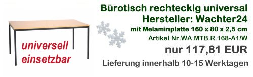 Weihnachtsangebot 4 Diese B&uuml;rotische haben Standardma&szlig;e und zeichnen sich durch eine Vielzahl von Variationen aus. Dieses Angebot kann als Grundausstattung f&uuml;r Werkstatt oder B&uuml;ro genutzt werden. Hier haben Sie ein solides Grundgestell das allen Ansr&uuml;chen gerecht wird. Plus einer universalen Arbeitsplatte hoher G&uuml;te f&uuml;r viele Anwendungsm&ouml;glichkeiten. Diese Modulsystem ist in jeder Richtung voll erweiterbar und bietet sehr viele Zubeh&ouml;r und Erweiterungsm&ouml;glichkeiten. Der Arbeitstisch hat eine H&ouml;he von 75 cm, rechteckig mit Vierkantf&uuml;&szlig;e in stabiler Metallkonstruktion. Zerlegte einfache Montage im Baukastensystem ausbaubare Zusammenstellung in Reihe, sowie &uuml;ber Ecke. Verstellbare Bodengleiter f&uuml;r Niveauausgleich und Melamin-Arbeitsplatte. Farbe Gestell lichtgrau. Platte lichtgrau (Standartfarbe) Farbe schwarz / Buche hat Lieferzeit von 10 Tagen